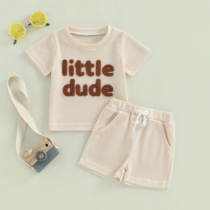 Toddler Boys Summer Outfit Sets Short Sleeve Letter Print Tops Solid Color Drawstring Shorts