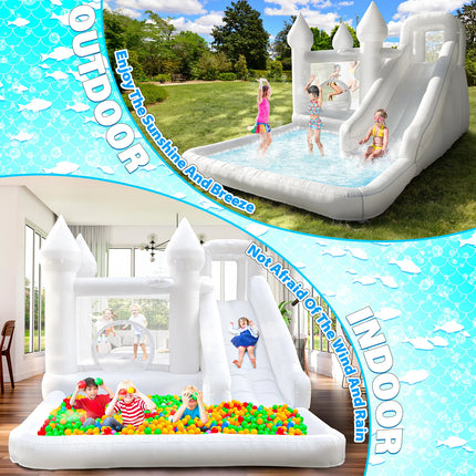 14FT  Spire‑Top Inflatable White bounce house with Slide, Large Ball Pit and Middle Play Zone, Durable and Portable for party