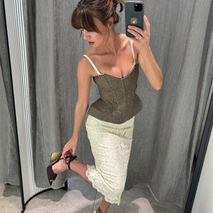 Women Solid Deep-v Satin Camisole Corset Top Elegant Double-strap Fitted Cropped Back-tie 2026 Chic Versatile Date Lady Tops
