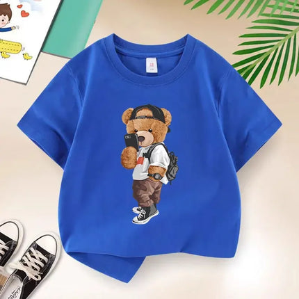Children's Cool Bear Cartoon T-Shirt, Print Cotton T Shirts, Kids Clothes, Summer Fashion, New, 2026