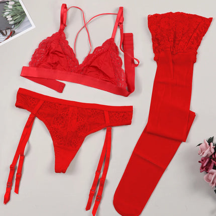 Varsbaby Lace Bra Sets for Women Non-padded Bra Panty Garter Stockings Summer Underwear Lingerie Sexy