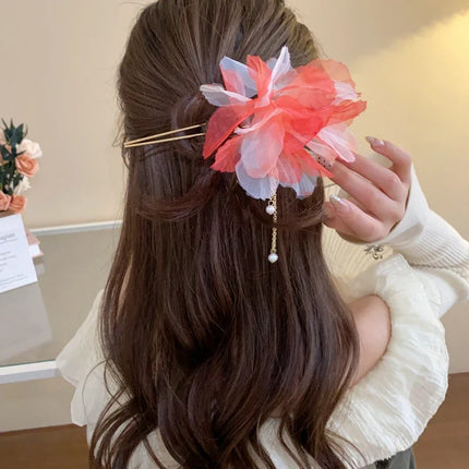 New Chinese Style Gentle Gradient Fabric Flower Hair Sticks for Women Sweet Chains Tassel Imitation Pearl Hairpin Fairy Headwear