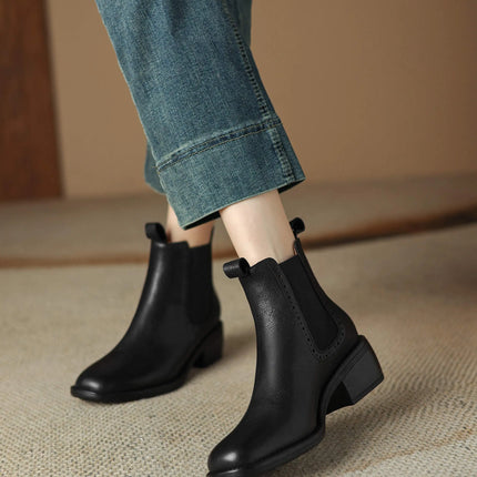 Krazing Pot Big Size 34-43 Cow Leather Round Toe High Heels Retro Modern Chelsea Boots Warm Winter Shoes Motorcycles Ankle Boots