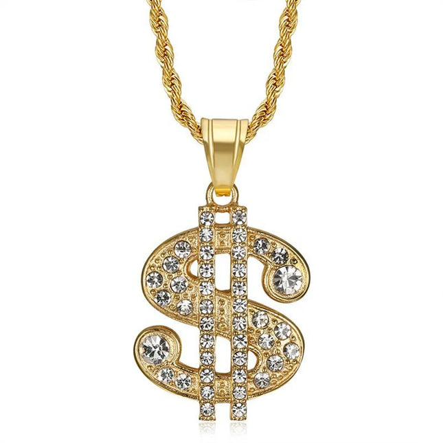Fashion Men's Money Necklace Stainless Steel Gold Plated Jewelry Dollar Sign Pendant Necklaces for Men Hip Hop Rope Chain