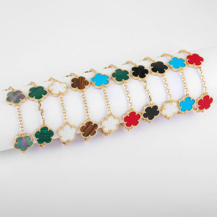 Hot Sale Premium 15mm Natural Stone White Shell Five Leaf Flower Bracelet Gold Silver Lucky bangle For Women Girls Party Daily