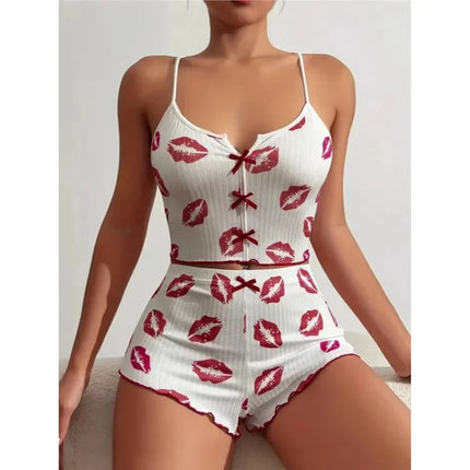 New Hot Sale Of The Season Heart Pattern Color Block Sleepwear Set with Slit in Front Strap Women's Vest Tops Non-Stitched Exte