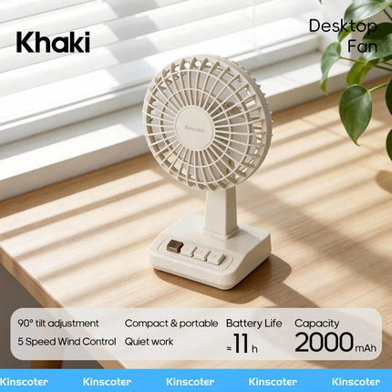 KINSCOTER Vintage Desktop Fan 2000mAh 90° tilt Adjustable Mini Rechargeable Fan 5 Gear Speed  for Home/Office/Student/Gift