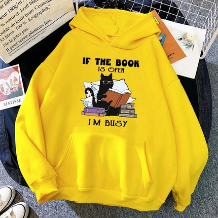 If The Book Is Open I'm Busy Black Cat Hoody Women Casual Crewneck Hoodies Fashion Loose Clothes Fleece Pullover Sweatshirt