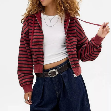 2000s Retro Y2K Grunge Cyber Striped Zip Up Hoodies Harajuku Jackets Coat Outfits Gothic Emo Mall Goth Sweatshirts 2025 Fall