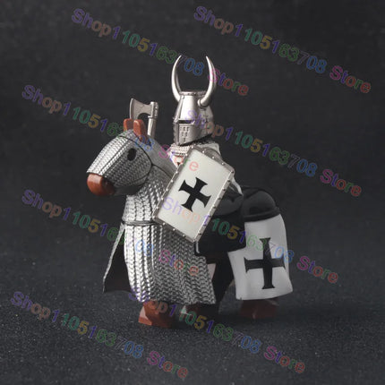 MOC Medieval Military Crusader Knight Building Blocks Castle Army Soldier Figure Horse Mount Shield Sword Accessories Bricks Toy