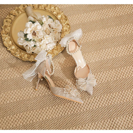 Spring Pointed Toe Party Wedding Shoes for Women, Bride Bow Thick Heel Silver Sequin Fairy Lolita Style Single Shoes