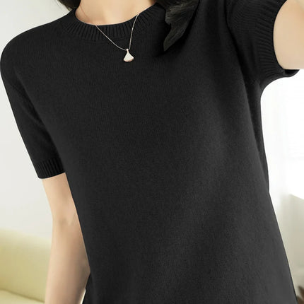 Summer New Women's Knitted Short Sleeve T-shirt Thin Wool Cashmere Short Sleeve Loose Fit Round Neck Top Outerwear Straight Cut
