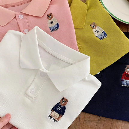 Children's Summer Polo Shirt Cartoon Bear Print Baby Collar Short Sleeve Unisex Kids' Fashion Top for Boys And Girls