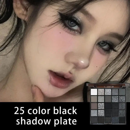 25 Colors Black Grey Smokey Eyeshadow Palette, Matte Black White Gray Silver Smoky Eye Shadow, Black Eyeshadow Makeup Goth Look