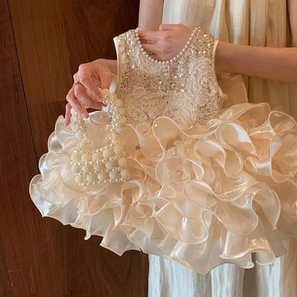 Girl's Princess Dress 2025 New Summer Bright Pearl Dress for Baby Girl's Birthday and First Year Dress with Bow Back Decoration