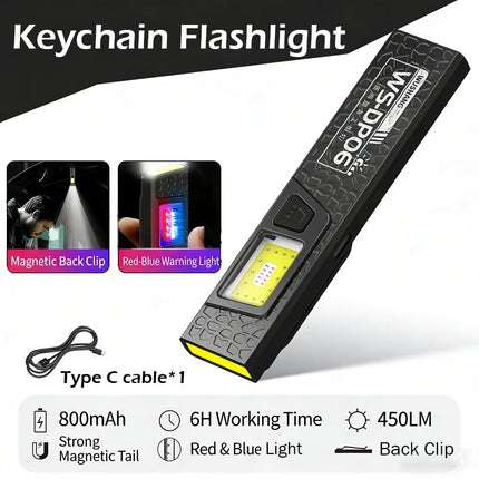 Powerful Mini COB LED Keychain Flashlight USB C Rechargeable Hanging Work Light 550LM Waterproof Camping Walking Pocket Lamp