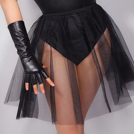 Sexy Black PU Leather Long Gloves Ladies Hip-pop Leather Half Finger Gloves Clubwear Punk Style Cosplay Costumes Dance mittens