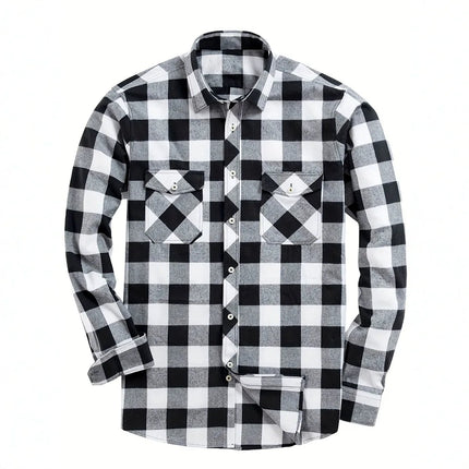 Men's Fashion Casual Flannel Plaid Shirt Long Sleeve Lapel Soft Comfortable Daily Wear Shirt Men's Classic Plaid Shirt