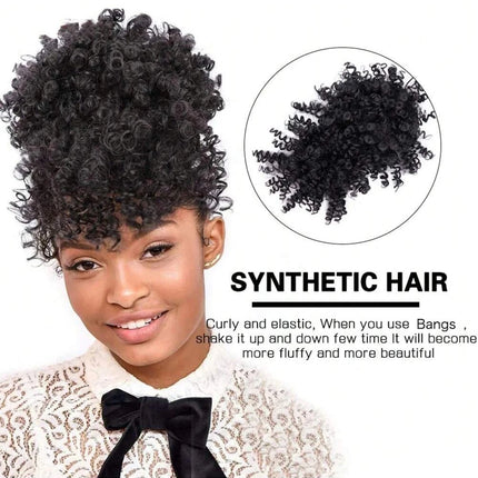 Afro Puff Drawstring Ponytail with Bangs Pineapple Updo Hair for Black Women, Short Kinky Curly Synthetic Ponytail Bun