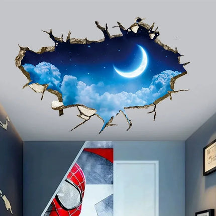 3D Wall Hole Art Star Sky Mural Meteor Crescent Moon Vinyl Stickers Home Decoration for Aesthetic Room Roof Night View Wallpaper