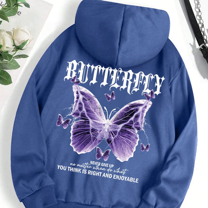 Beautiful Purple Butterfly Printing Hoodies Women Fleece Pocket Hoody Simple Casual Hoodie Autumn Loose Female Streetwear