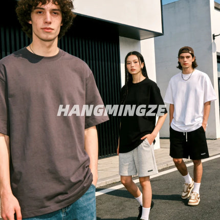 Oversize T-shirts 230GSM Cotton Couple T-Shirt High Street Short Sleeves Tee Shirt Solid Color Casual Loose Basic Streetwear Top