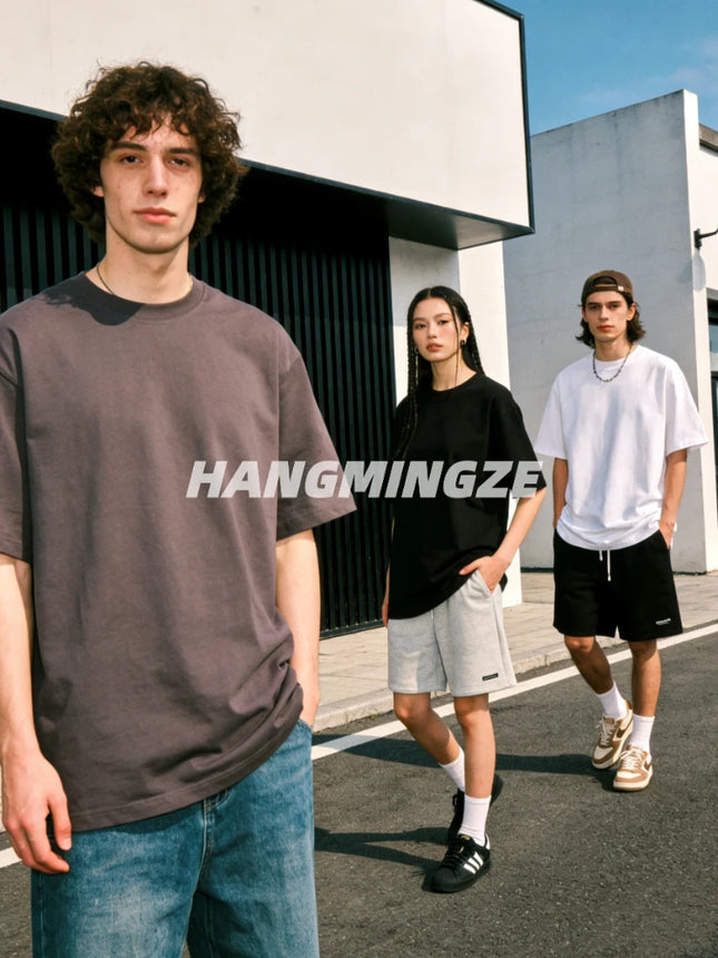 Oversize T-shirts 230GSM Cotton Couple T-Shirt High Street Short Sleeves Tee Shirt Solid Color Casual Loose Basic Streetwear Top