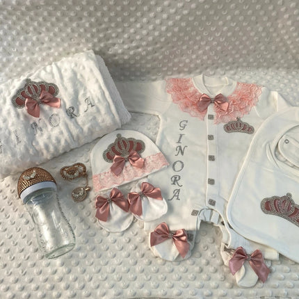 Baby Girl Boy Princess Prince Hospital Exit Newborn Bling Outfits Baby Bottles Gift Set Baby Shower Gift 5pcs Crown Romper
