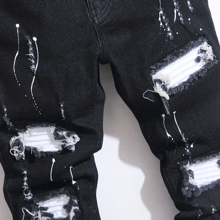 Men's Ripped Denim Jeans for Man High Stretch Skinny Biker Pants Casual Slim Fit Trousers with Patchwork Embroidery Streetwear