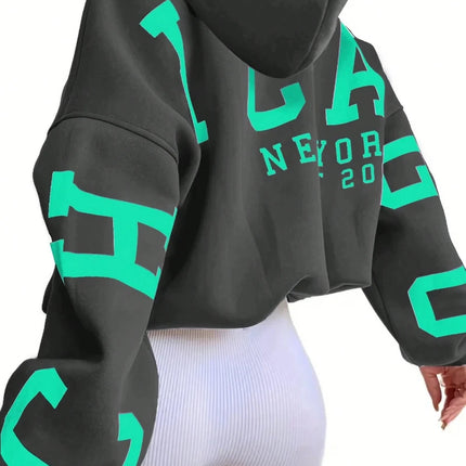 Letter Printed Long Sleeve Hoodie, Ladies Spring Fall Casual Drawstring Sleeve Hooded Regular Fit Drop Shoulder Women's Hoodies
