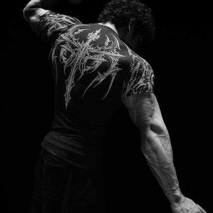 GYM T-shirt Men's Dark Gothic Print Muscle Tee  High Elasticity And Quick Drying Exercise For Bodybuilding Training 2025 Summer