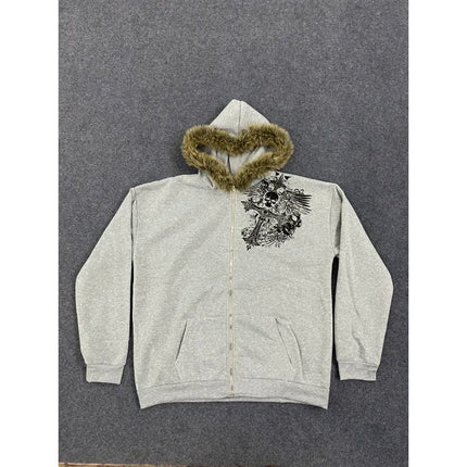 European and American Y2K fuzzy hat hoodie printed pattern long sleeved pullover hoodie retro jacket street trend