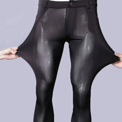 Men Shiny Sheer Pencil Pants Ice Silk See Through Elastic Tight Trousers Ice Silk Pants Sexy Male Leggings Gay Wear Plus Size