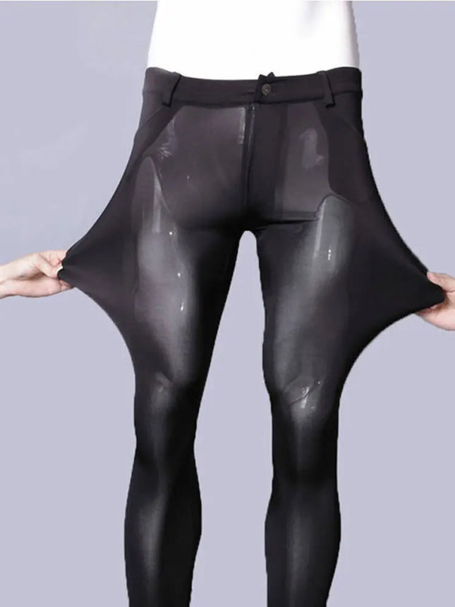Men Shiny Sheer Pencil Pants Ice Silk See Through Elastic Tight Trousers Ice Silk Pants Sexy Male Leggings Gay Wear Plus Size