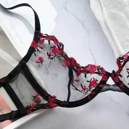 YUQI French Elegant Lingerie Set-Floral Embroidery Semi-Transparent Bra & Brief,Black Sensual Women's Underwear Luxury Intimates