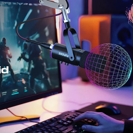XLR/USB Podcast Microphone, Gaming Mic with Mute Button, Reverb Effects, Noise Cancellation, Boom Arm Stand, Headphones Jack