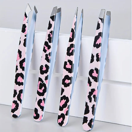 Stainless Steel Wild Leopard Print Eyebrow Tweezers Set 4pcs Makeup Sticker False Eyelashes Tool Christmas Gift
