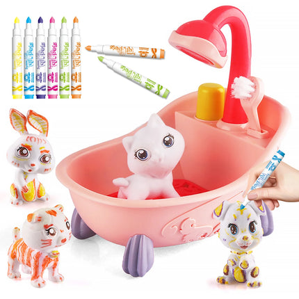 Cute Fun Pet Bathtub Playset - Washable Doodle Pet Toys with Color Crayons for Kids' Creative Bath Time Play