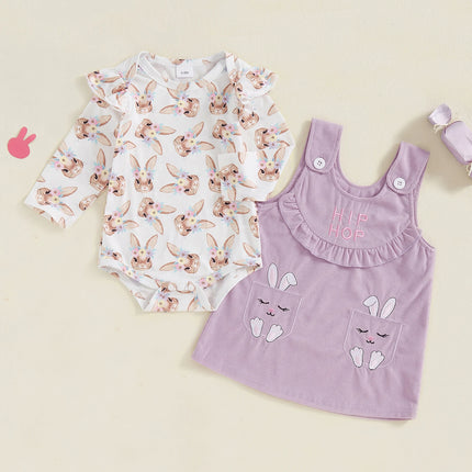 Baby Girl Easter Outfit Bunny Bow Long Sleeve Romper with Overall Dress 2 Pcs Spring Set