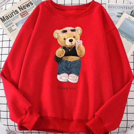 Street Teddy Bear Selfie Girls Funny Sweatshirt Women's Fashion Hoodies Crew Neck Hoodies Fashion Pullovers Women Clothing Y2K