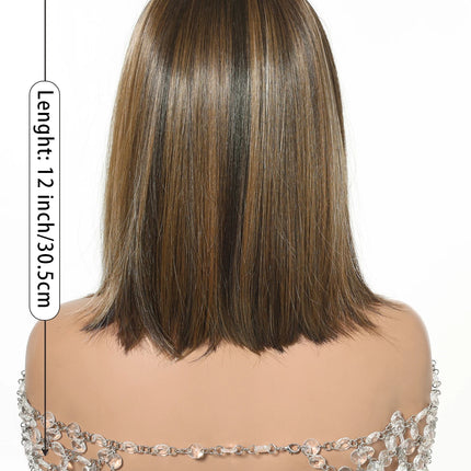 13x6 HD Transparent Lace Front Bob Wig 12" Short Straight Highlight Brown Blonde Synthetic Wigs for Women Glueless Pre Plucked