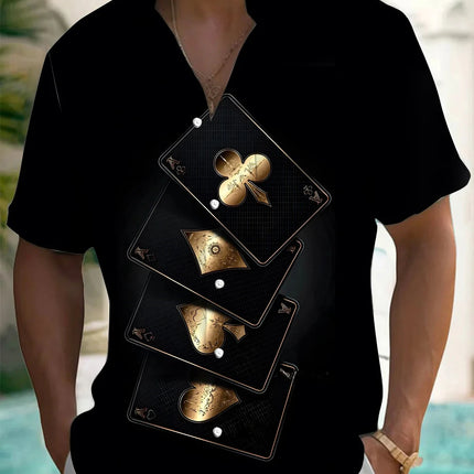 Men's Playing Cards and Dice Printed Short Sleeve Shirt Polyester Fabric Suitable for Summer Vacation and Casual Outing Shirts