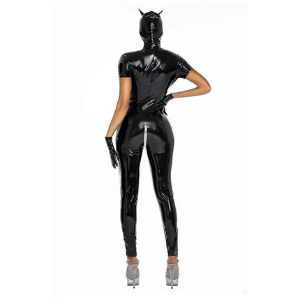 Sexy Hot Cat Woman Wetlook Faux Leather Catsuit PVC Latex Bodysuit Crotchless Breast Zipper Stretch Latex Jumpsuits