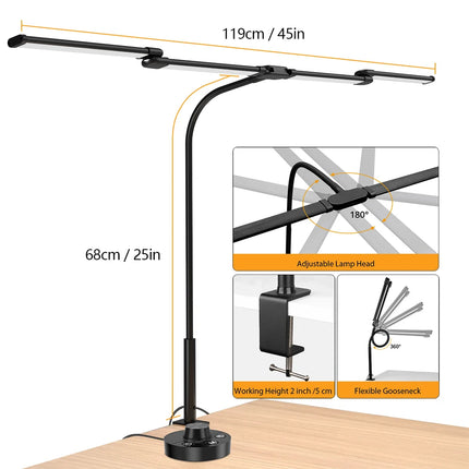 2-Headed LED Desk Lamp for Office Home Eye-Caring Architect Lamp with Clamp USB 3 Color Flexible Adjustable Lighting Table Lamp