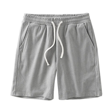 Men Shorts Solid Color Mid Waist Summer Motion Waffle Texture Deep Crotch Drawstring Male Shorts Loose Knee Length Casual Short
