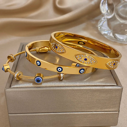 New Turkish Evil Eyes Rhinestones Stainless Steel Cuff Bracelet Bangle For Women Fashion Gold-plated Waterproof Charms Jewelry
