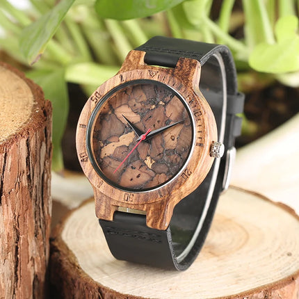 Unique Irregular Pattern Display Wood Watches Quartz Timepiece Men's Genuine Leather Casual Hot Fashion Male Wooden Clock reloj