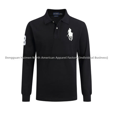 Long Sleeve Pure Cotton Polo Shirt Men's Embroidered Polo Neck T-Shirt Casual Spring Autumn British Style Loose Fit Solid Color