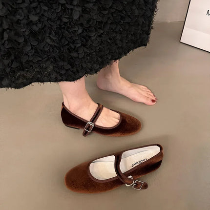 Vintage Flat Velvet Korean Style Mary's Single Shoes Women's 2024 New Spring Autumn Winter Red Warm Evening Shoes