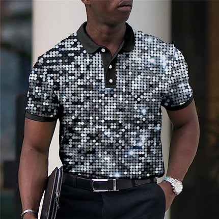 Summer Men's Polo Lapel Golf Shirt with Printed Geometric Pattern Fold